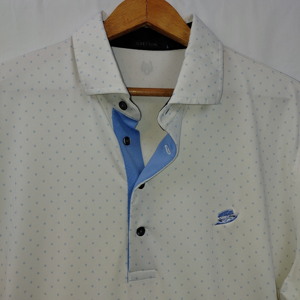 Greyson Polka Dot Polo Shirt Men's Size Large White Blue Embroidered